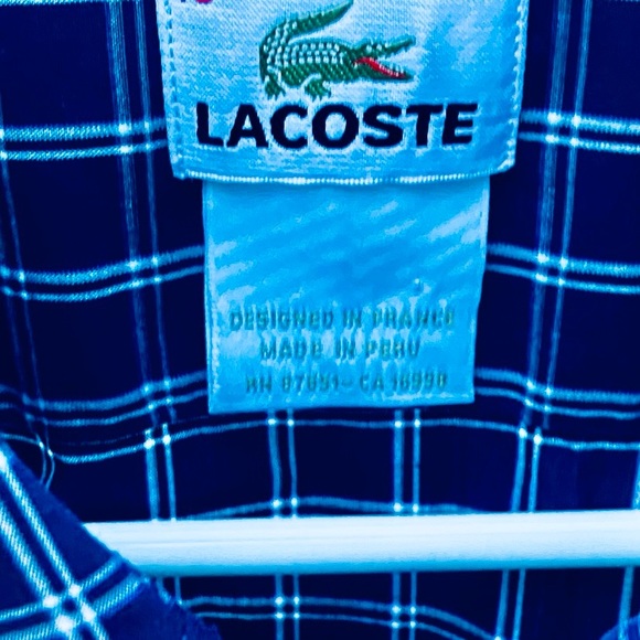LACOSTE MENS LONG SLEEVE BUTTON DOWN SHIRT SZ45/XXL NAVY BLUE/WHITE SMALL CHECKS - Picture 10 of 10